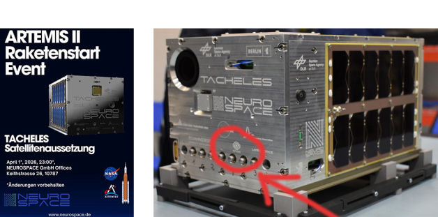 Artemis II with NeuroSpace Cube Satellite with IRIS logo